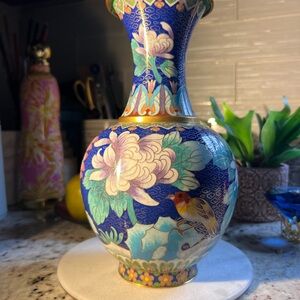 Vibrant Blue Cloisonné Vase with Floral Design in IMMACULATE condition